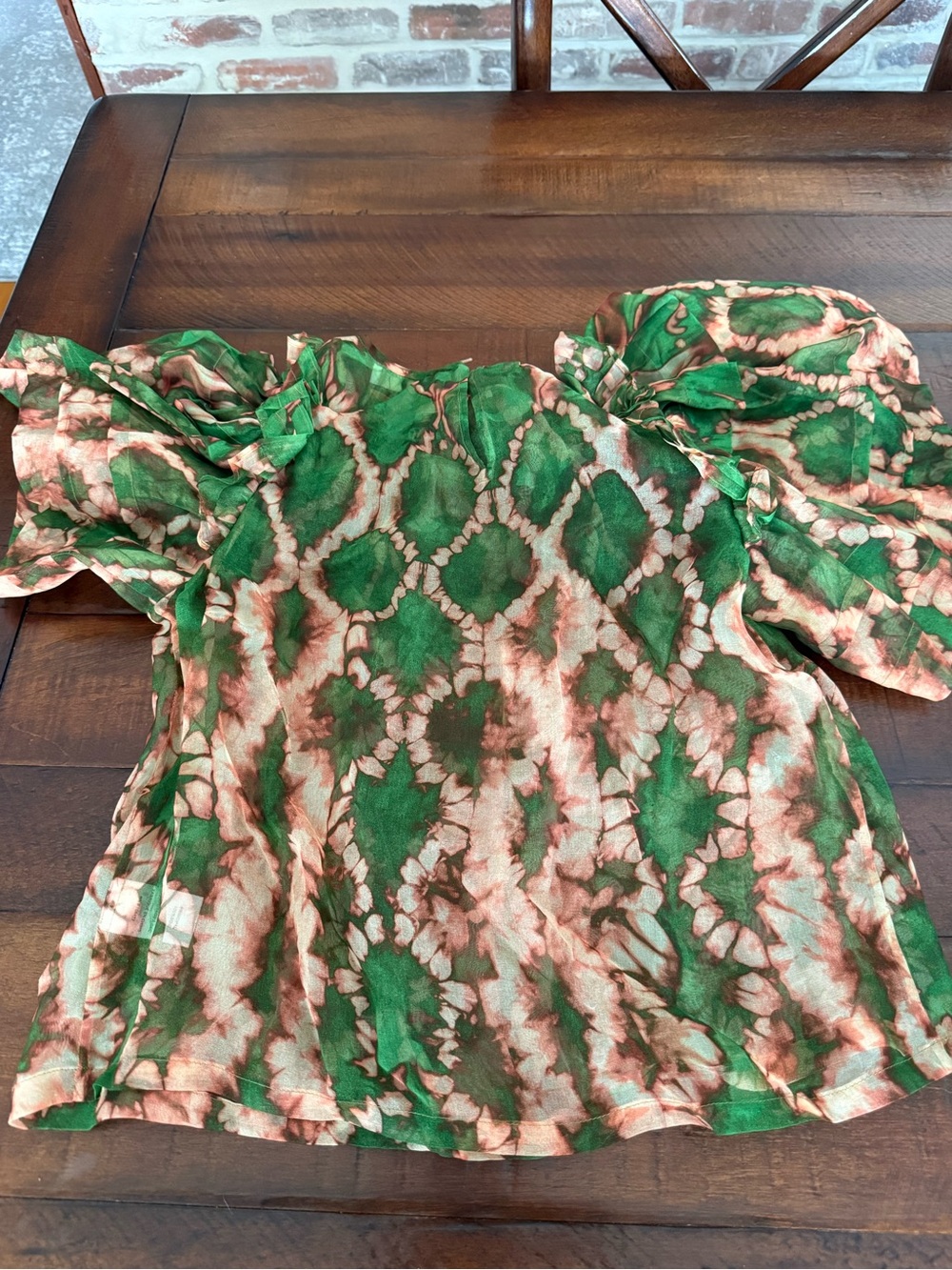 Ulla Johnson Green and Tan Tie-Dye Puff-Sleeve Blouse